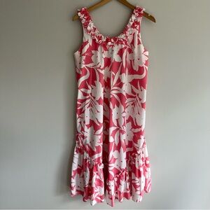 Hilo Hattie Floral Pink and White Ruffled Tiered Sleeveless Dress Medium